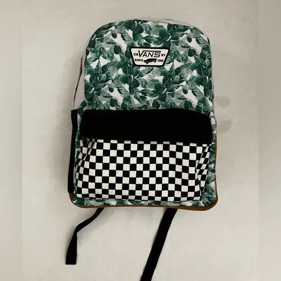 Vans Off the Wall Green Leaf Print and Checkerboard Backpack - Picture 2 of 8